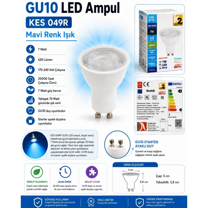 K2 7w MAVİ Gu10 Duylu Lensli Çanak Led Spot Ampul 630lm 7 Watt 220 Volt (Starter Duylu)