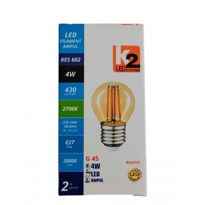 K2 Filament Rustik 4w AMBER 2700k Led Ampul 430lm E-27 4 Watt 220 Volt G45