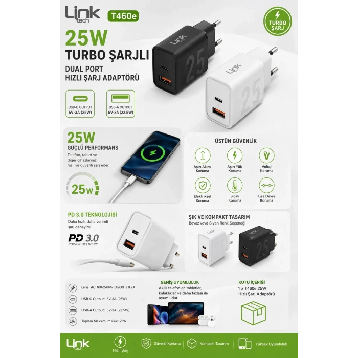 LİNKtech 25W USB + TYPE-C Çıkışlı Süper Turbo Hızlı Şarj Aleti (Yalnızca Adaptör Kablo Hariç Cep Telefon Şarj Aleti)