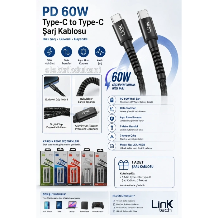 LİNKtech TYPE-C / TYPE-C 1m İp Örgülü Şarj Data Kablosu 60W 3A Siyah/Beyaz (USB-C / USB-C)