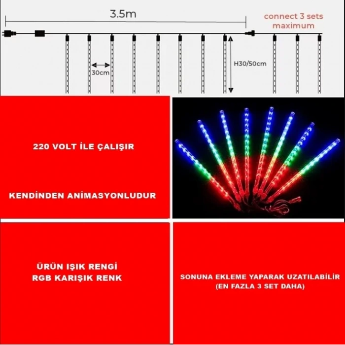 Meteor Süsleme Ledi RGB 3.5 mt 41cm Lik 8 Çubuk Renk IP44 220 Voltt