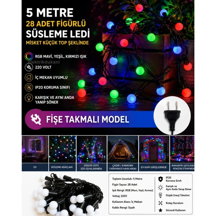 MİSKET Küçük Top 220v Süsleme Ledi Sabit Modlu RGB 5mt İç Mekan 28li Süsleme Ledi IP20 Eklenebilir