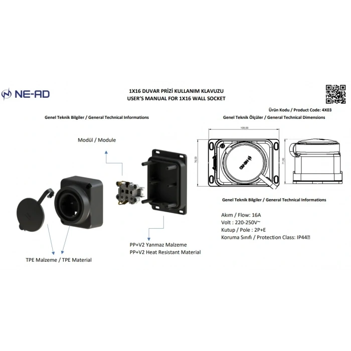 NEAD 1x16A Monofaze Kauçuk Kapaklı Sıva Üstü Topraklı Duvar Prizi 220v IP62