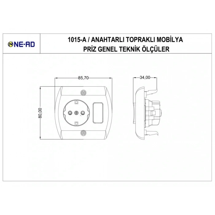NEAD Anahtarlı Topraklı Priz Beyaz (Mobilya Prizi)