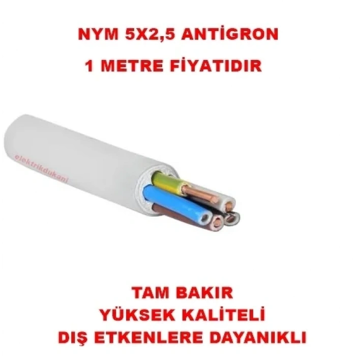 ÖZNUR 5x2.5mm NYM Elektrik Kablosu Gri (NVV Bakır Beşli Antigron Tek Damar Tesisat Kablosu)