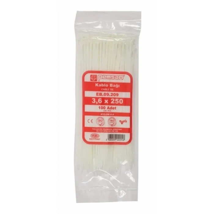 PEMSAN Klips Kablo Bağı 3.6x250 BEYAZ (100lü Paket) Kablo Cırdı
