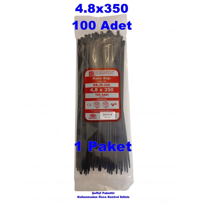 PEMSAN Klips Kablo Bağı 4.8x350 SİYAH (100lü Paket) Kablo Cırdı