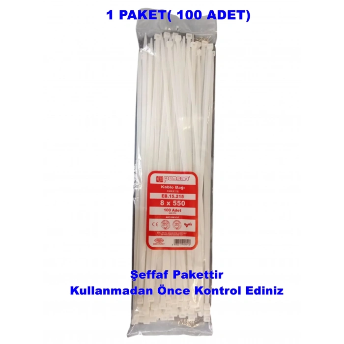 PEMSAN Klips Kablo Bağı 8x550 BEYAZ (100lü Paket) Kablo Cırdı