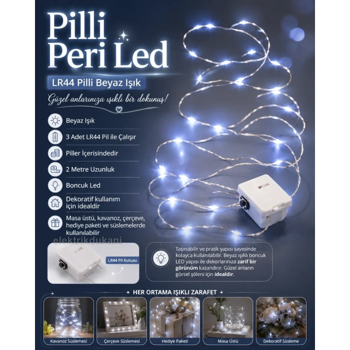 Peri Led 2mt Pilli Süsleme Ledi BEYAZ Işık 6400k 3 Mod Animasyon Efektli (2 Metre 3 Adet LR44 Pilleri Dahil )