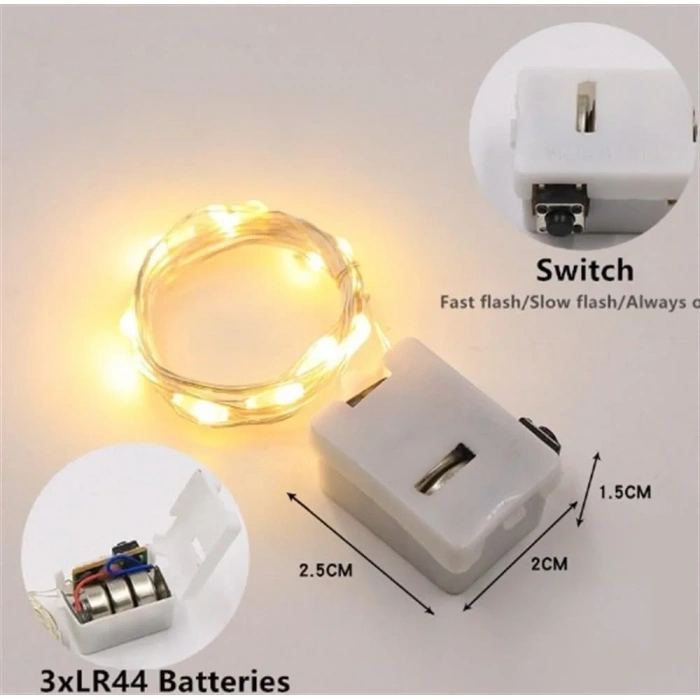 Peri Led 2mt Pilli Süsleme Ledi SARI Işık 3500k 3 Mod Animasyon Efektli (2 Metre 3 Adet LR44 Pilleri Dahil GünIşığı )