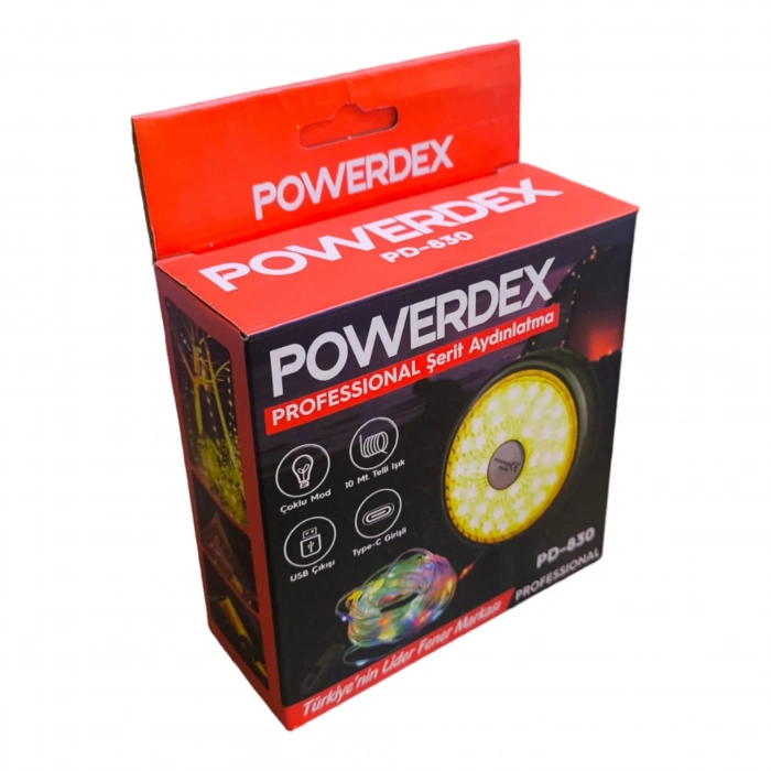 POWERDEX 10mt Şarjlı Telli Peri Ledli 8 Animasyonlu Günışığı ve RGB Renk Makaralı Süsleme Ledi Kamp Lambası