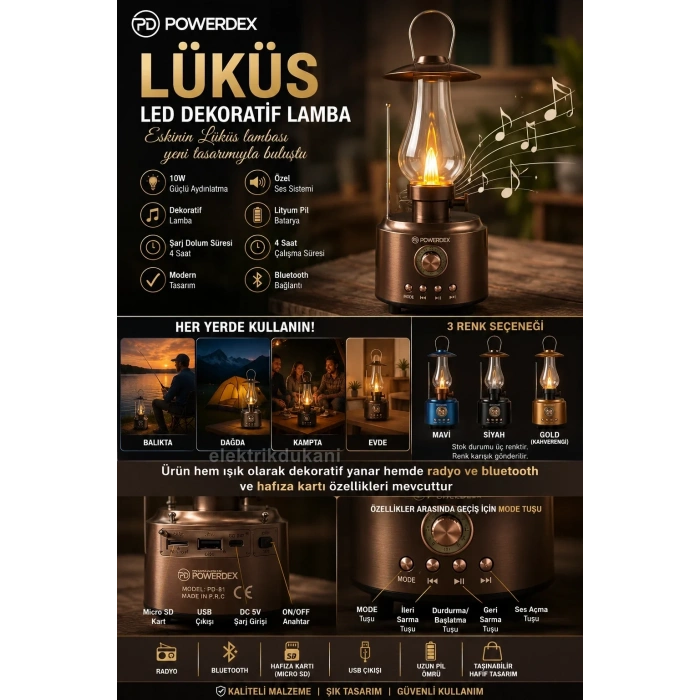 POWERDEX Gaz Lambası Modelli Radyolu Şarjlı Lüküs Dekoratif Lamba 10w Amber Işık