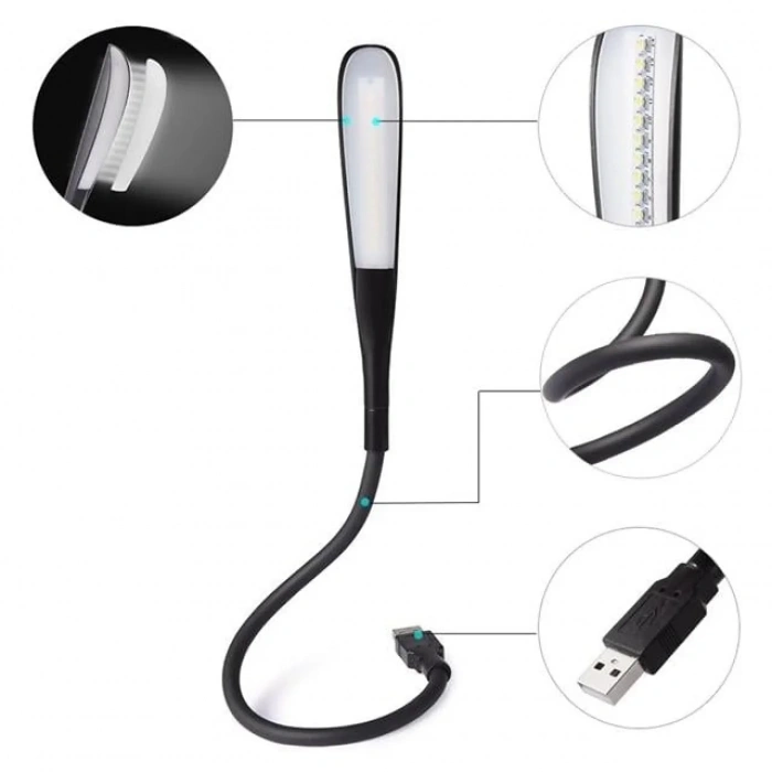 POWERMASTER Ledli Esnek USB Lamba  Siyah 6400k Klavye Aydınlatma ve Kitap Okuma lambası