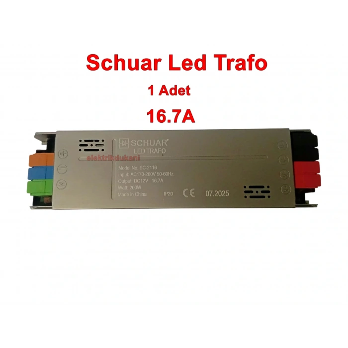 SCHUAR Süper Slim 12v 16.7A Şerit Led Trafosu 200w IP20  (Epox Dolgu Elektronik Devre 12 Volt 16.7 Amper 15mt ye Kadar Kullanım İçin Uygundur)