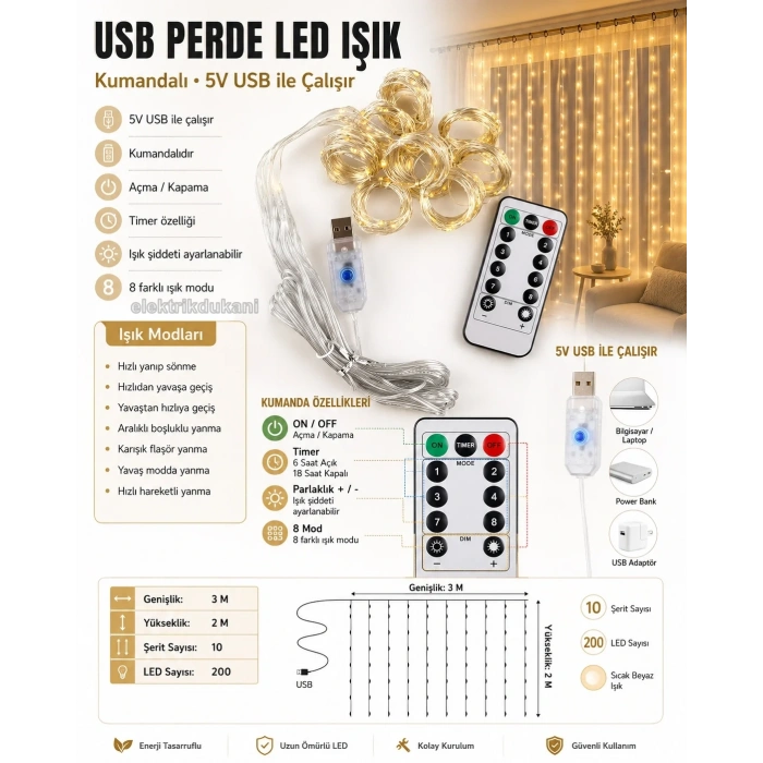 USB Peri Led 3x3mt SARI Işık 3500k Kumandalı Asma Kancalı Perde Süsleme Ledi 10 Kollu (Günışığı)