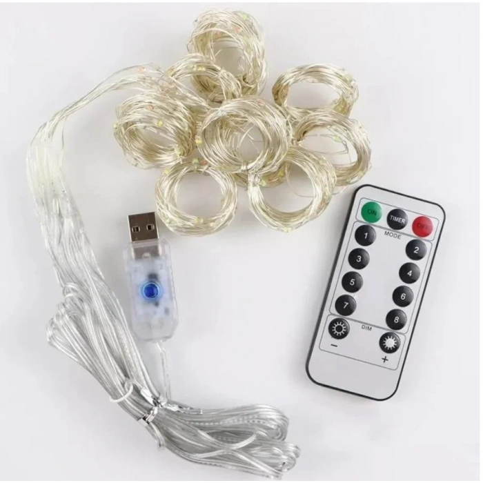 USB Peri Led 3x3mt SARI Işık 3500k Kumandalı Asma Kancalı Perde Süsleme Ledi 10 Kollu (Günışığı)