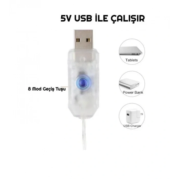 USB Peri Led 3x3mt SARI Işık 3500k Kumandalı Asma Kancalı Perde Süsleme Ledi 10 Kollu (Günışığı)