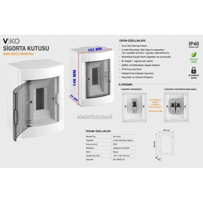 VİKO 2li Sıva Üstü Otomat Sigorta Kutusu - Klemensli IP40 Halogen Free S. Ü.