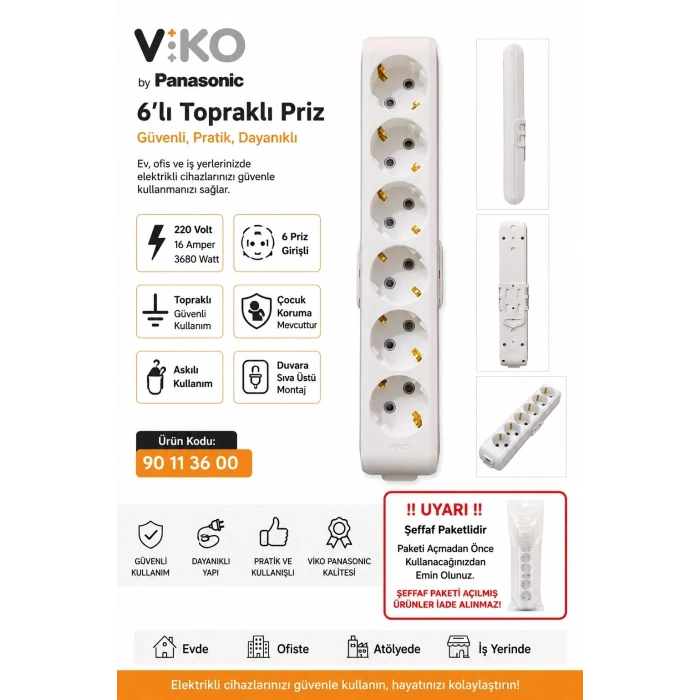 VİKO Multilet BEYAZ Altılı Grup Priz Topraklı Klemensli (6lı Kablosuz)