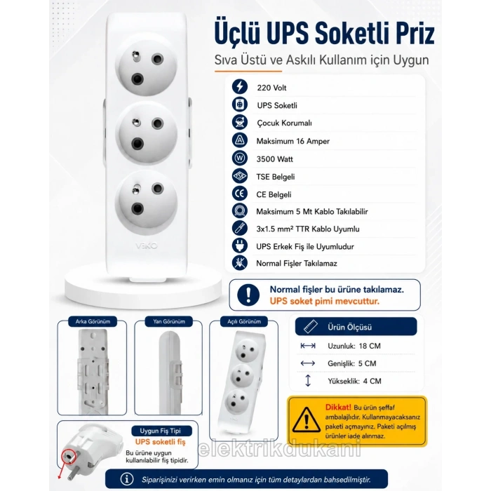 VİKO Multilet BEYAZ Üçlü UPS Grup Priz Topraklı Klemensli (3lü Kablosuz)