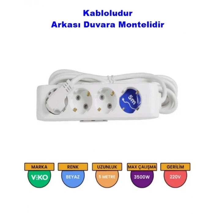 VİKO Multilet Dörtlü 5Mt Kablolu BEYAZ Grup Priz 4lü 5 Metre Ara Kablo Topraklı Klemensli