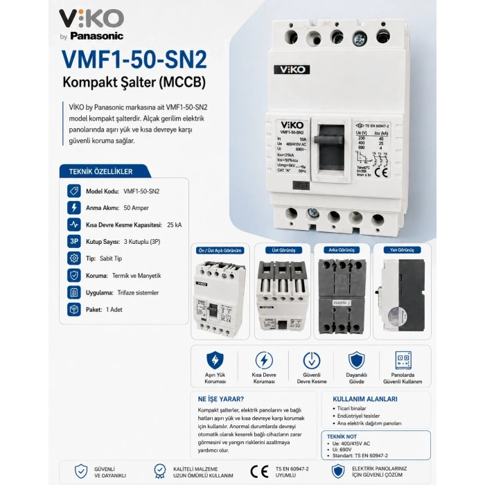 VİKO VMF1-50  3x50A Sabit Termik Kompakt Şalter 25kA