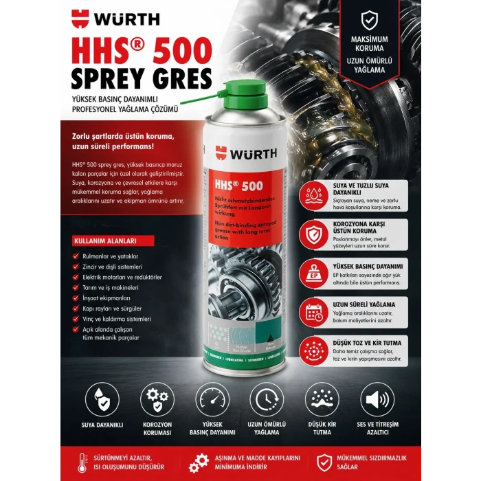 WÜRTH HHS Sprey Sıvı Gres Dişli Yağlama HHS 500ml LUBE (Suya ve Toza Dayanıklı)
