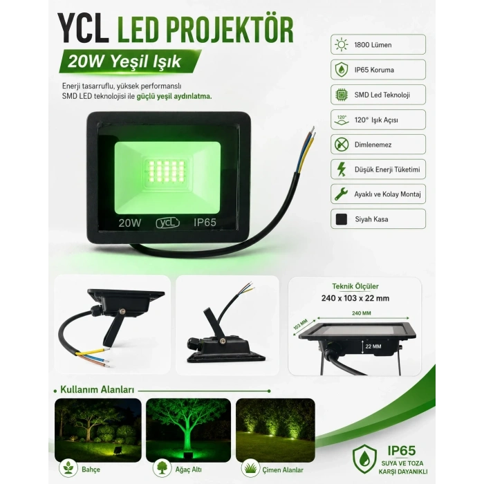 YCL 20w YEŞİL Led Projektör SMD IP65 1800lm (20 Watt 220 Volt)
