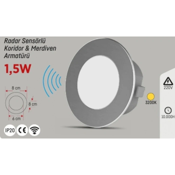 YCL YUVARLAK KROM LED SPOT 1,5W GÜN IŞIĞI RADAR SENSÖRLÜ