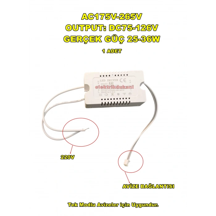YILDIZ Led Avize Trafosu Dc 72-120v 24-36w x 1 Tek Modlu (36 Watt)