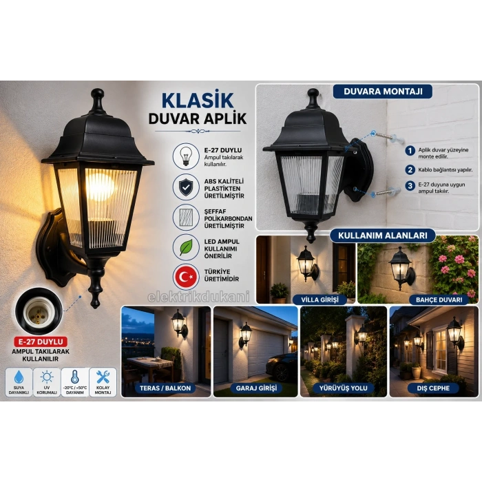 ZERPA Kare Duvar Aplik SİYAH Bahçe Armatür ABS Plastik E-27 Duylu IP54