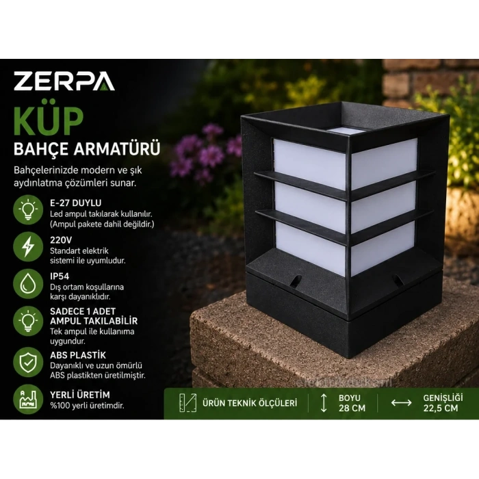 ZERPA Kare Küp Izgaralı SİYAH Bahçe Armatür ABS Plastik E-27 Duylu