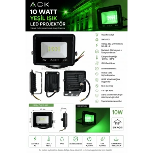 ACK 10w YEŞİL Led Projektör DOB SMD IP65 900lm (10 Watt 220 Volt)