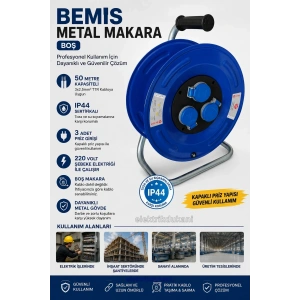BEMİS Boş Metal Makara 3 Monofaze Prizli 50m 3x2.5mm Kablo Kapasiteli