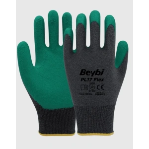 BEYBİ PL17 Flex Likralı İpten Örme Lateks Yarı Kaplı İş Eldiven 3131X Gri/Yeşil