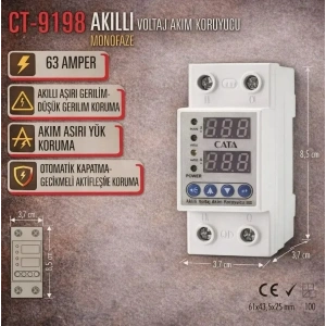 CATA 1x63A Monofaze Akıllı Voltaj ve Akım Koruma Rolesi Şebeke Giriş Voltaj Denetleyici 220 Volt 63 Amper
