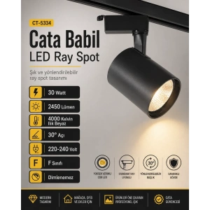 CATA 30w Babil GÜNIŞIĞI 4000k Işık SİYAH Kasa Led Ray Spot Armatür 4000k (Plastik Kasa)