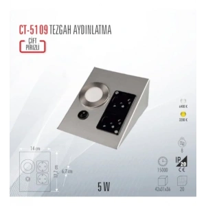 CATA Satin Kasa Üçgen Tezgah Altı Çift Priz 1w Beyaz Işık Anahtarlı  Spot 220v (Krom Kasa)