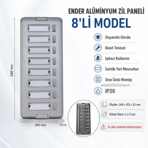 ENDER Işıksız 8li Alüminyum Zil Butonu Paneli Sıva Üstü (Sekizli Zil)
