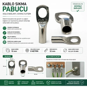 GWEST SKP-10 10mm M8 10luk Sıkmalı Kablo Pabucu Bakır Kalay Kaplı (10mm Papuç)
