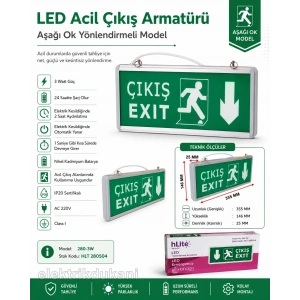 HLİTE Exıt Çıkış Aşağı Ok İşaretli Şarjlı Yönlendirme Armatürü Levhası 3w 220v IP20