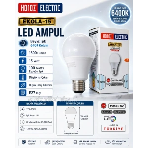 HOROZ Ekola-15 E-27 15w Led Ampul BEYAZ Işık 6400k 1500lm 220 Volt (15w Tüketim 100w Değerinde ışık)