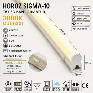 HOROZ Sigma-10 90cm GÜNIŞIĞI 10w T5 Led Bant Armatür Anahtarlı 2700k IP20