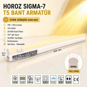HOROZ Sigma-7 60cm GÜNIŞIĞI 7w T5 Led Bant Armatür Anahtarlı 2700k IP20