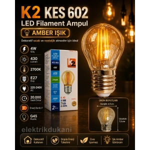 K2 Filament Rustik 4w AMBER 2700k Led Ampul 430lm E-27 4 Watt 220 Volt G45