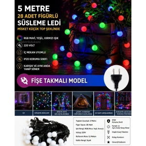 MİSKET Küçük Top 220v Süsleme Ledi Sabit Modlu RGB 5mt İç Mekan 28li Süsleme Ledi IP20 Eklenebilir