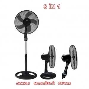 RAKS 16inç / 40cm 55w 3 ü 1 Arada Ayaklı - Duvar ve Masa Tipi Vantilatör 3 Kademe 220v