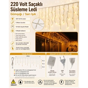 SAÇAKLI 220v 5 Modlu SARI Işık 16 Kollu 5mt lik Süsleme Ledi Eklenebilir İç Mekan (Günışığı)
