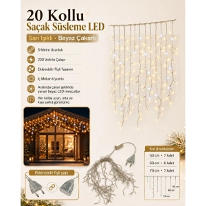 SAÇAKLI 220v Sabit Modlu SARI Işık Beyaz Çakarlı 20 Kollu 5mt lik Süsleme Ledi Eklenebilir İç Mekan (Günışığı)