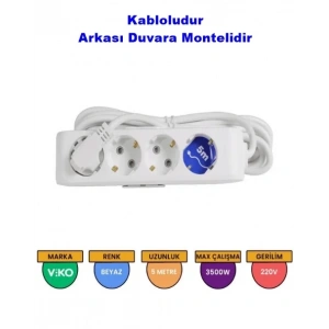 VİKO Multilet Dörtlü 5Mt Kablolu BEYAZ Grup Priz 4lü 5 Metre Ara Kablo Topraklı Klemensli